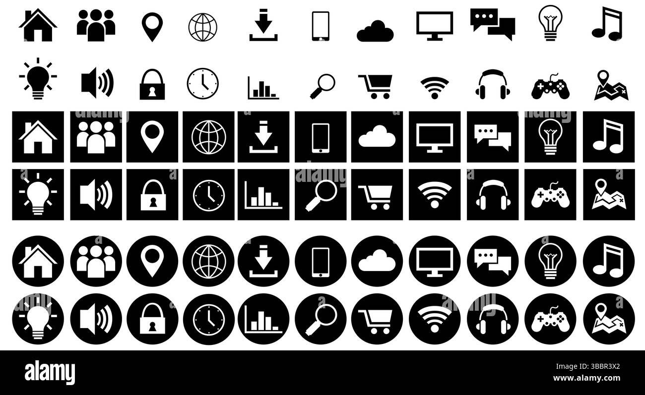 Satz verschiedener Symbole isoliert auf weiß Stockfoto