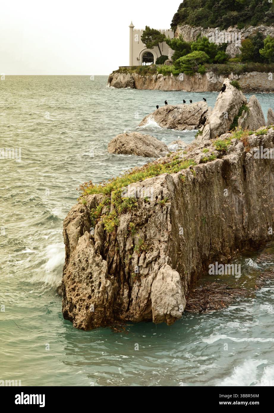 Triest Italien. Oktober 2015. Historisches Schloss Miramare auf einer Klippe mit Meerblick und landschaftlich gestaltetem Gelände Stockfoto Triest Italien. Oktober 2015. Historisches Schloss Miramare auf einer Klippe mit Meerblick und landschaftlich gestaltetem Gelände Stockfoto