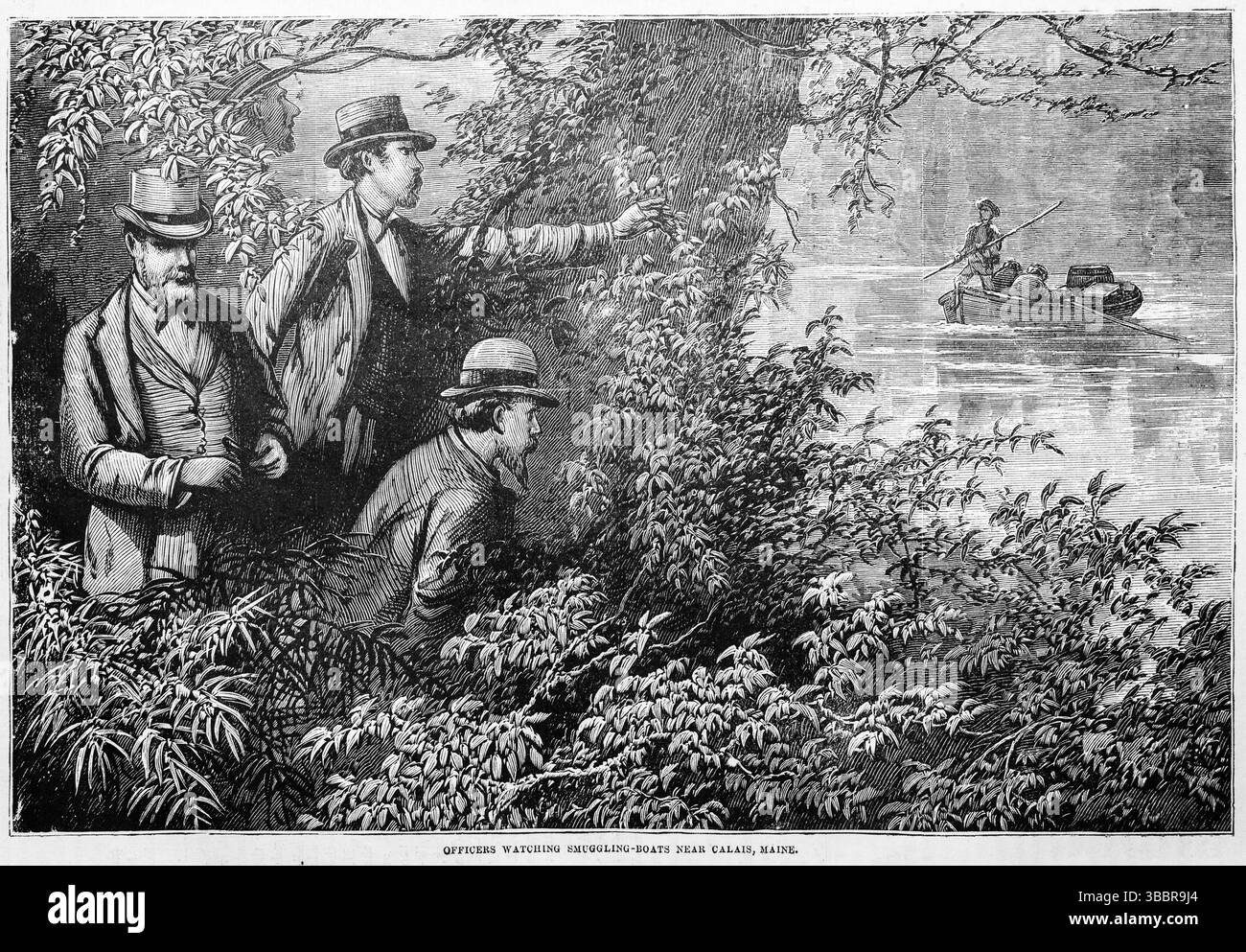 Offiziere beobachten Schmuggelboote in der Nähe von Calais, Maine (1878). Zeigt illegalen Schmuggel in Amerika in den 1870er Jahren Offiziere warten auf das sich nähernde Schmugglerboot nahe der kanadischen Grenze. Illustration aus dem 19. Jahrhundert von Frank Leslie's Popular Monthly Stockfoto