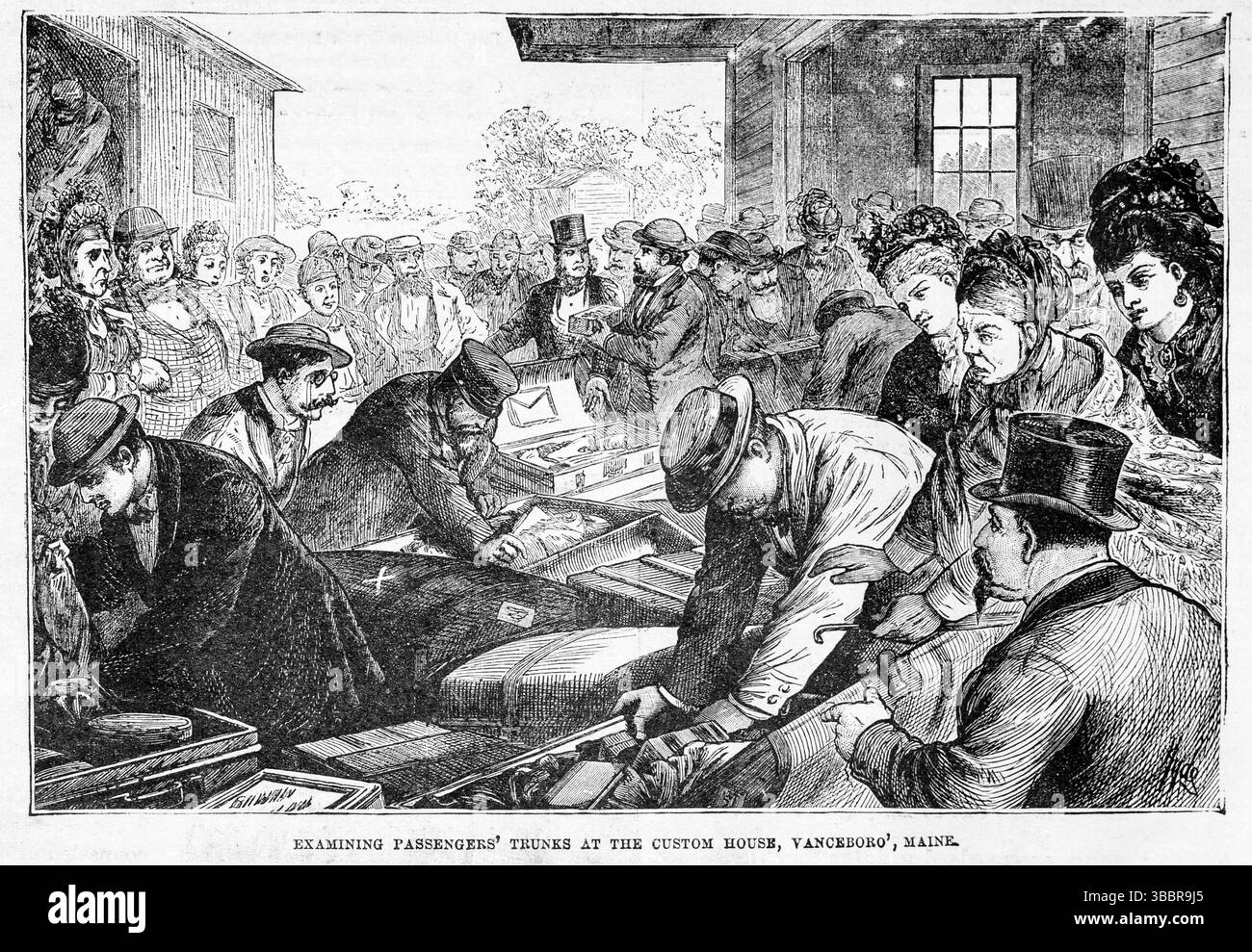 Untersuchung der Kofferräume der Passagiere im Custom House, Vanceboro, Maine (1878). Zeigt illegalen Schmuggel in Amerika in den 1870er Jahren, nahe der kanadischen Grenze. Illustration aus dem 19. Jahrhundert von Frank Leslie's Popular Monthly Stockfoto