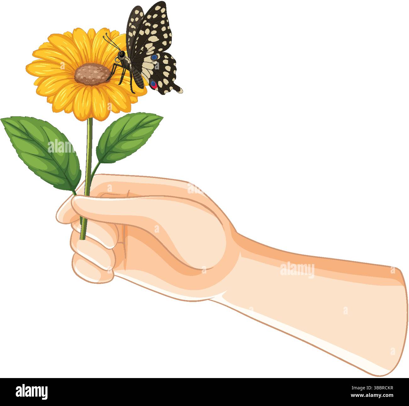 Vektor-Illustration einer Hand, die eine gelbe Blume mit einem Schmetterling hält, der darauf thront. Einfache, klare Komposition mit leuchtenden Farben Stock Vektor
