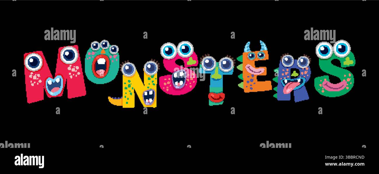 Verspielte Vektor-Illustration von Monsterbuchstaben mit lebhaften Farben und skurrilen Ausdrücken auf dunklem Hintergrund Stock Vektor