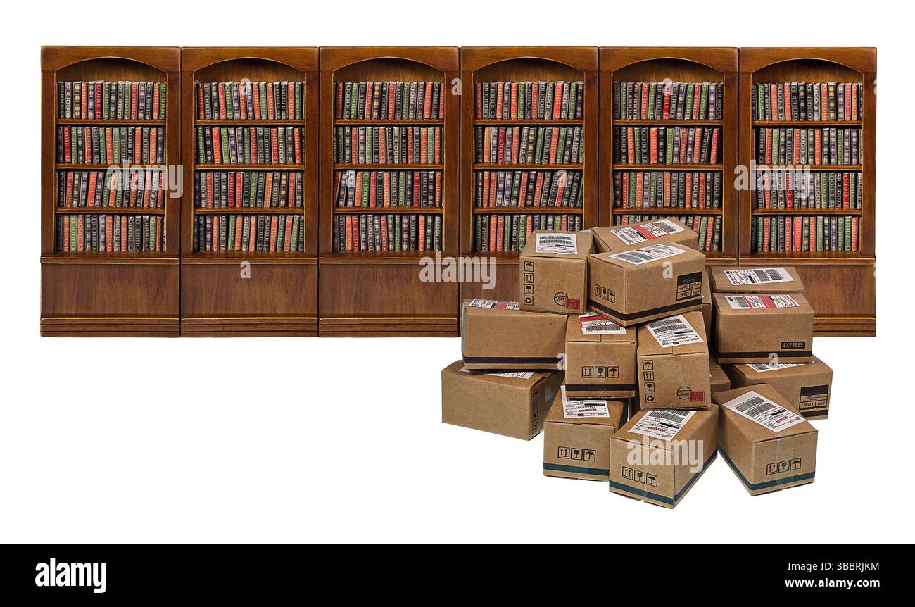 Reihe von hölzernen Büchern mit abgerundeter Oberseite, voll mit einer Vielzahl von Büchern und Versandkartons voller weiterer Bücher Stockfoto