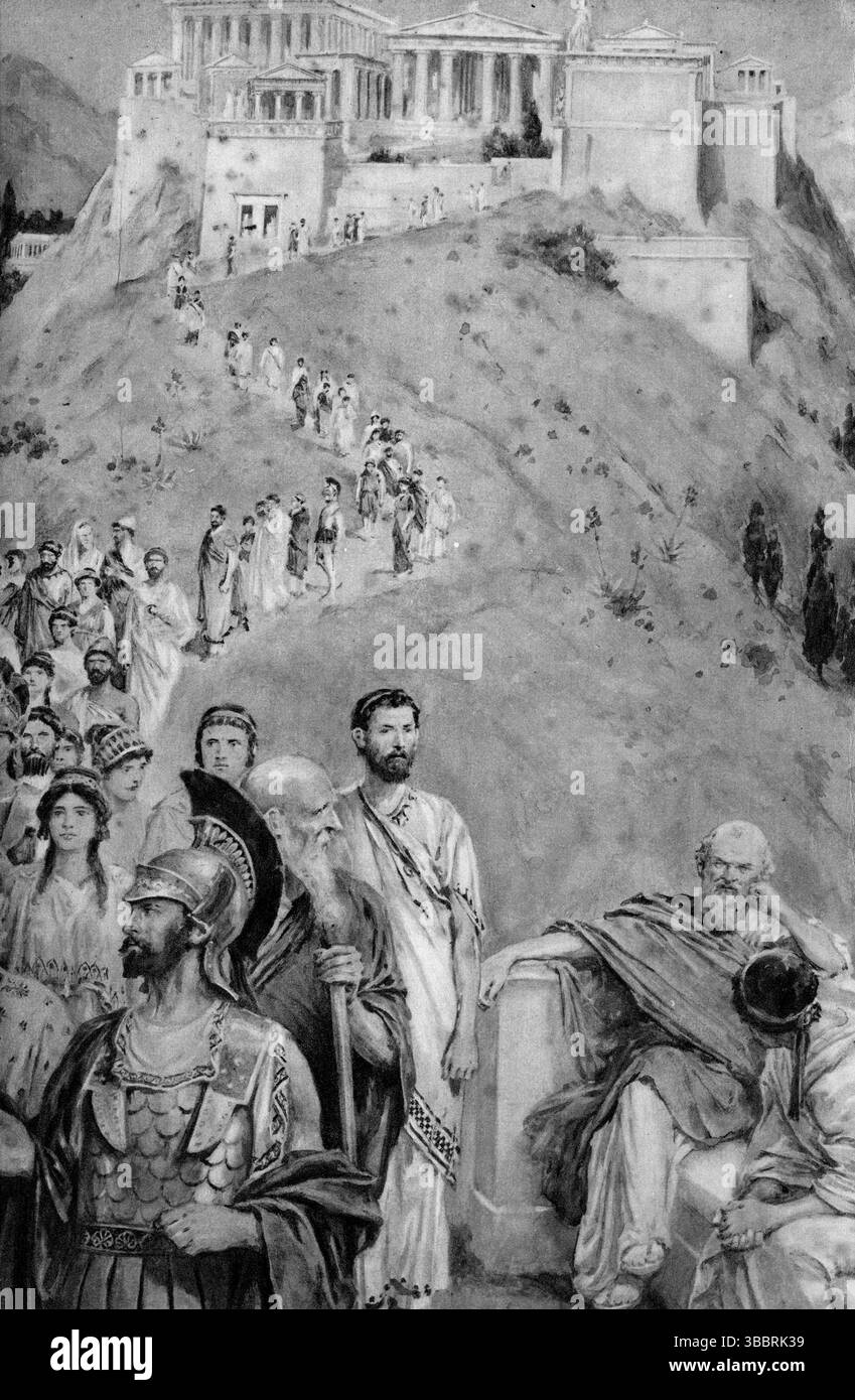 Der griechische Philosoph Sokrates beobachtet die Menschenmassen auf der Akropolis in Athen. Veröffentlicht 1926. Stockfoto