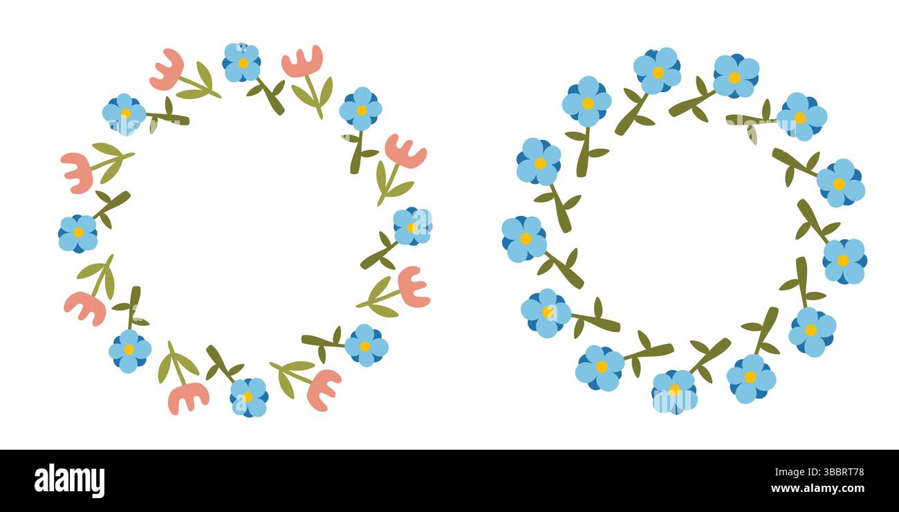 Wilde Blumen Kranz Set. Blaue und rosafarbene einfache Blumen. Stock Vektor