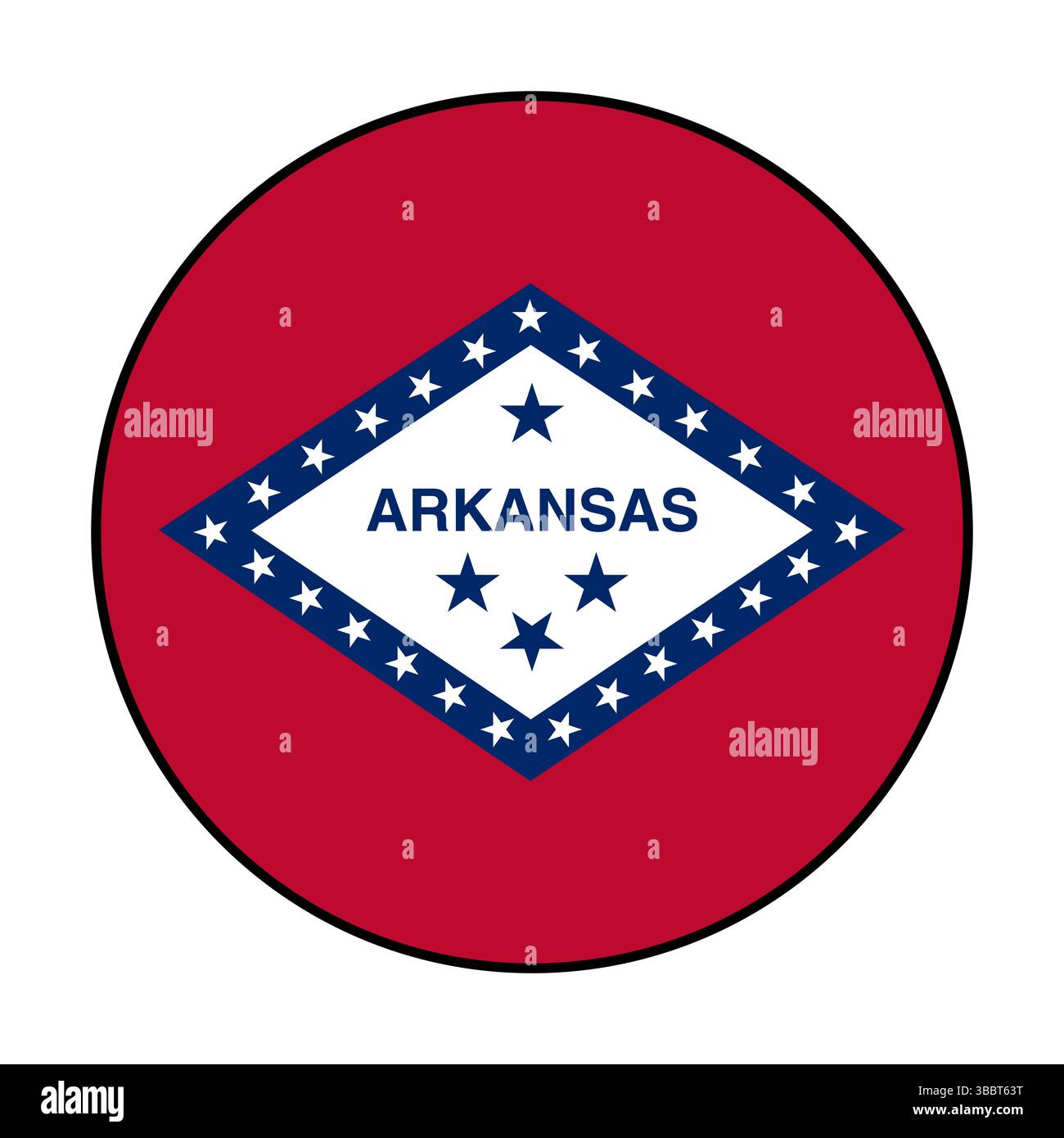Flagge von Arkansas. Schwarze Kante. Arkansas Kreisflagge Logo Symbol Computer Vektor Illustration Design. Stock Vektor