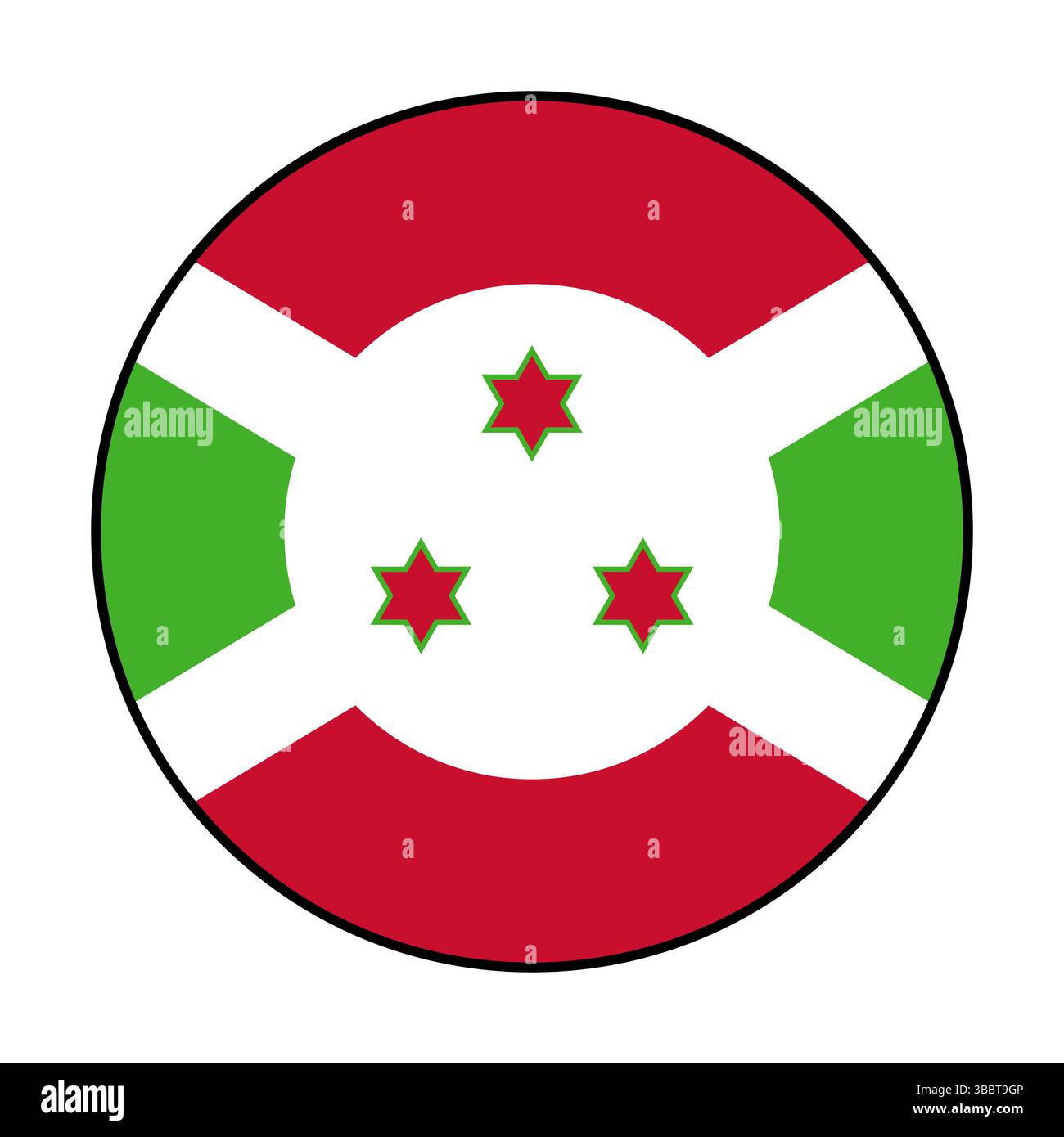 Flagge von Burundi. Schwarze Kante. Burundi Kreisflagge Logo Symbol Computer Vektor Illustration Design. Stock Vektor