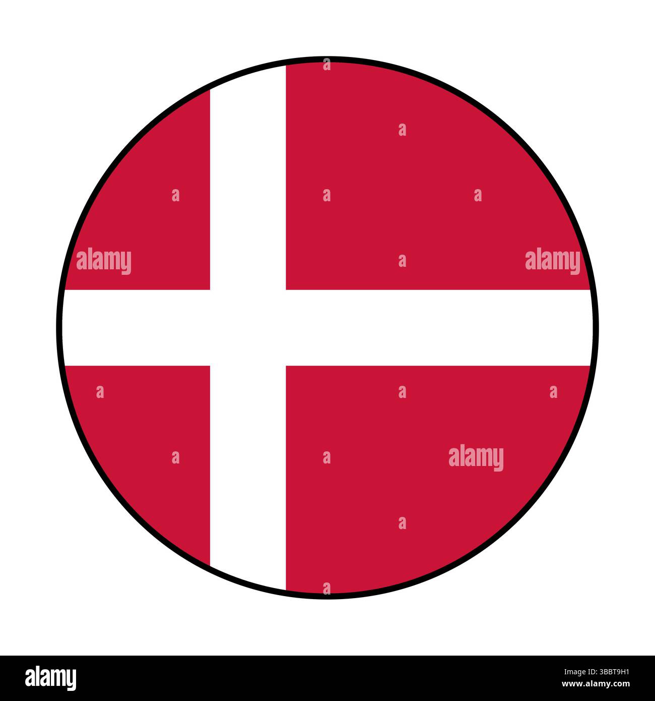 Flagge von Dänemark. Schwarze Kante. Dänemark Kreisflagge Logo Symbol Computer Vektor Illustration Design. Stock Vektor