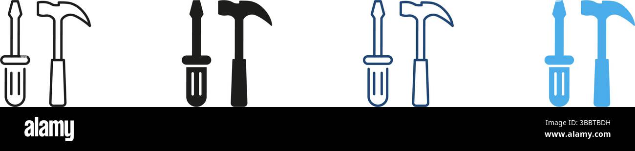 Symbolsatz Für Schraubendreher Und Hammerwerkzeug. Umrisse Und Sammlung Solider Symbole Für Bau-, Reparatur- Und Heimwerkerausrüstung. Verbesserung Und Wartung Von Häusern Stock Vektor