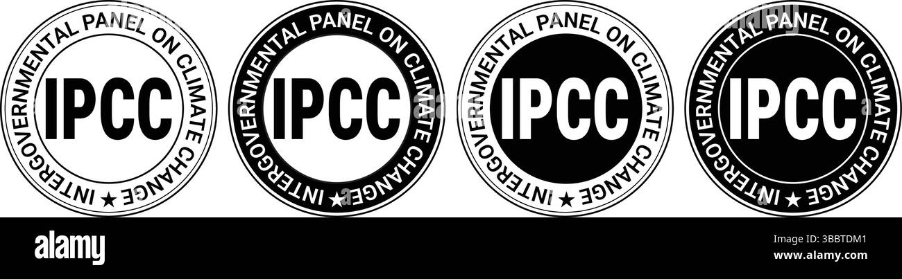 Schwarze und weiße runde Symbole mit ipcc-Text, die Stempeldesigns für Klimaschutztafeln im Vektorstil zeigen Stock Vektor