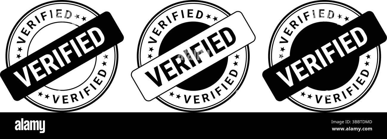 Schwarz-weiß verifizierte Stempelsymbole im kreisförmigen Abzeichen mit auffälliger Typografie und diagonalem Etikett Stock Vektor