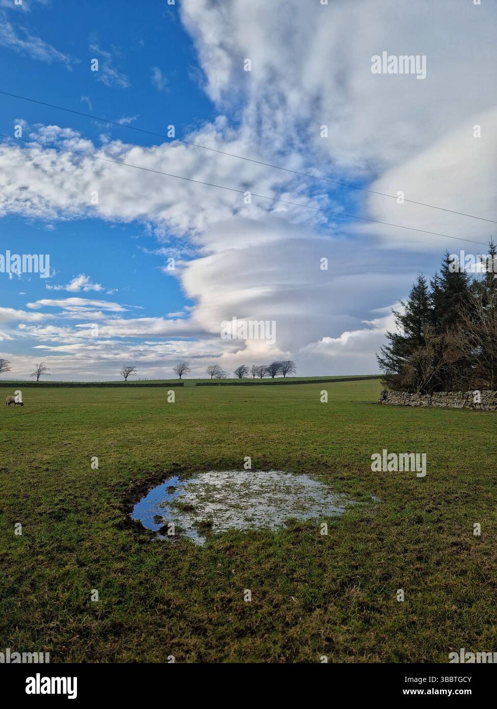 Lentikularwolken über Feldern in Northumberland, Großbritannien - Smartphone-aufgenommenes Stockfoto