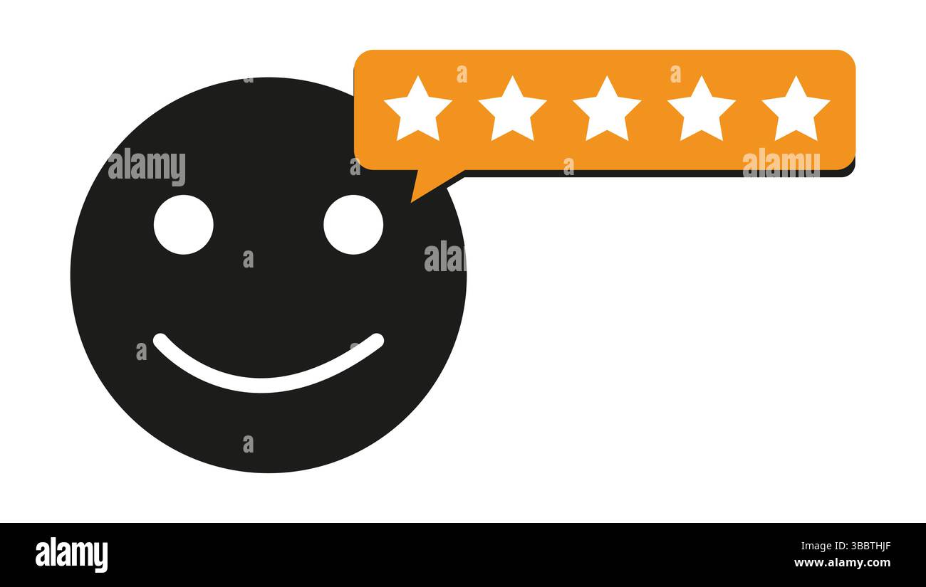 Schwarzes Smiley-Symbol mit orangefarbener Blase mit fünf Sternen, die die Kundenzufriedenheit symbolisiert Stock Vektor