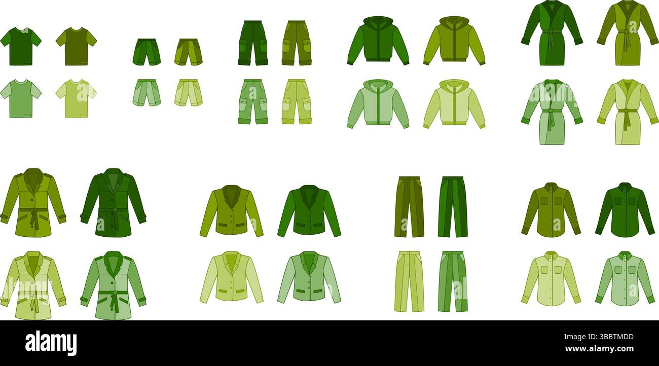 Cartoon Mode Kleid für Männer mit grünlichem Thema einschließlich T-Shirt, Hose, Hoodie, Bademantel, Jacke, Mantel und Hemden. Stock Vektor