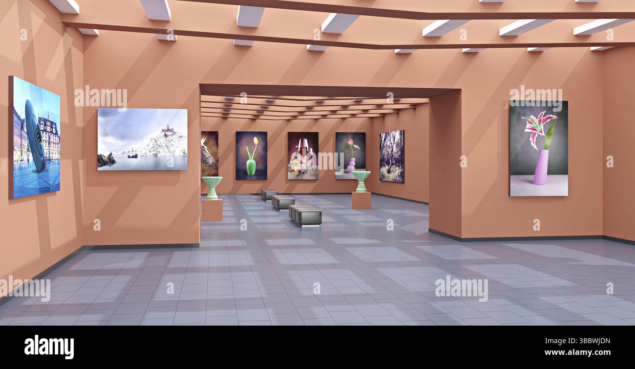 Eine Kunstgalerie mit Leinwand und Kunststoff, 3D Illustration Stockfoto