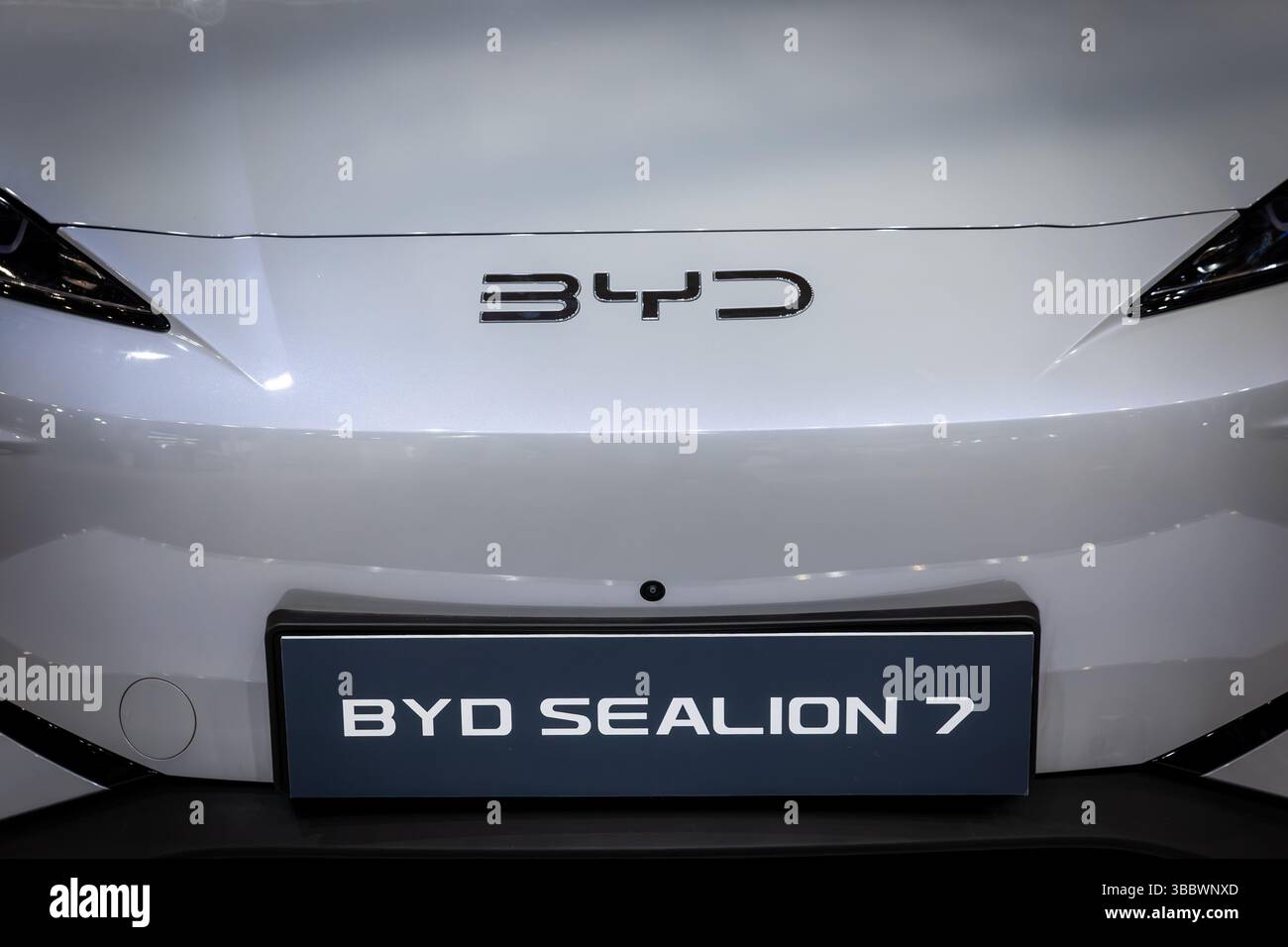 BELGRAD, SERBIEN - 22. MÄRZ 2025: BYD-Logo auf dem chinesischen Elektrofahrzeug BYD Sealion 7. BYD Auto ist ein chinesischer Automobilhersteller Stockfoto