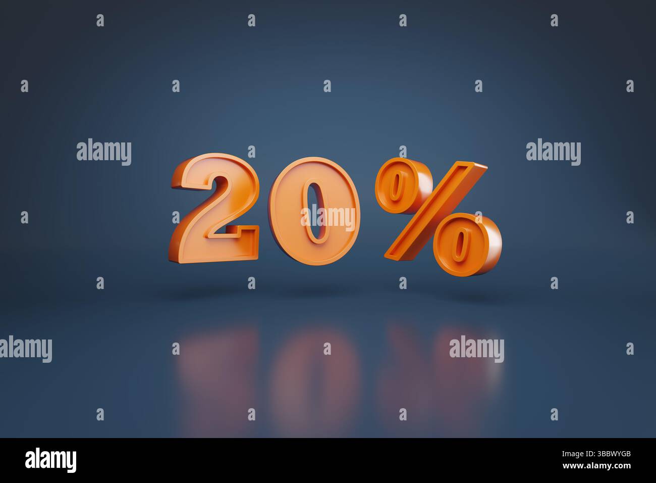 20 Prozent in drei Dimensionen auf blauem Hintergrund. 3D-Abbildung. Stockfoto