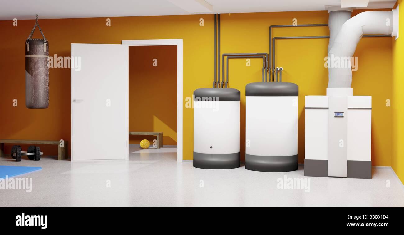 Ein modernes Heizsystem für private Haushalte, 3D-Illustration Stockfoto