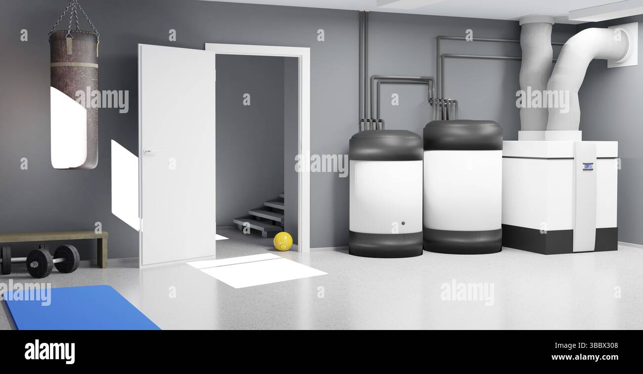 Ein modernes Heizsystem für private Haushalte, 3D-Illustration Stockfoto