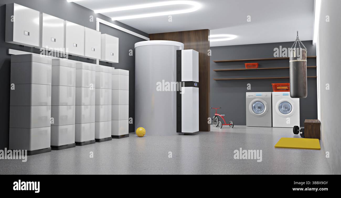 Ein modernes netzgekoppeltes Solaranlagensystem für Privathaushalte, Abbildung 3D Stockfoto