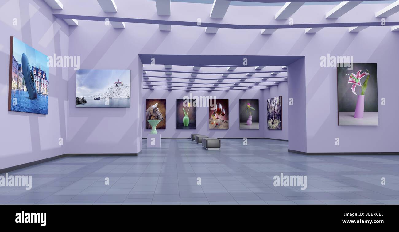 Eine Kunstgalerie mit Leinwand und Kunststoff, 3D Illustration Stockfoto
