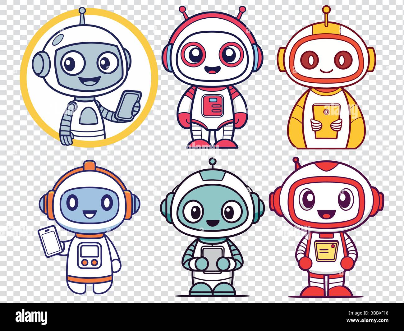 Sammlung von sechs niedlichen Zeichentrickrobotern in verschiedenen Farben. Vektor-Illustration Set von freundlichen android Maskottchen. Flache Design-Symbole für Kinder, te Stock Vektor