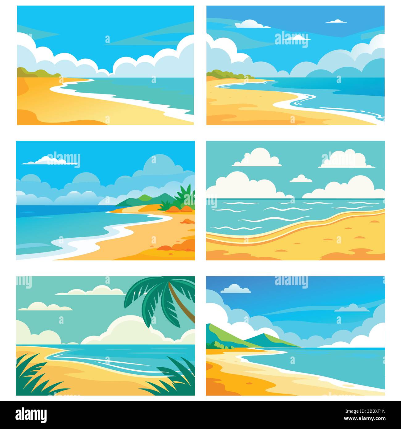 Sammlung von sechs lebendigen Strand- und tropischen Inselszenen. Vektor-Illustrationen von Sommerurlaubslandschaften mit Meer, Sand und blauem Himmel. Flaches Desi Stock Vektor