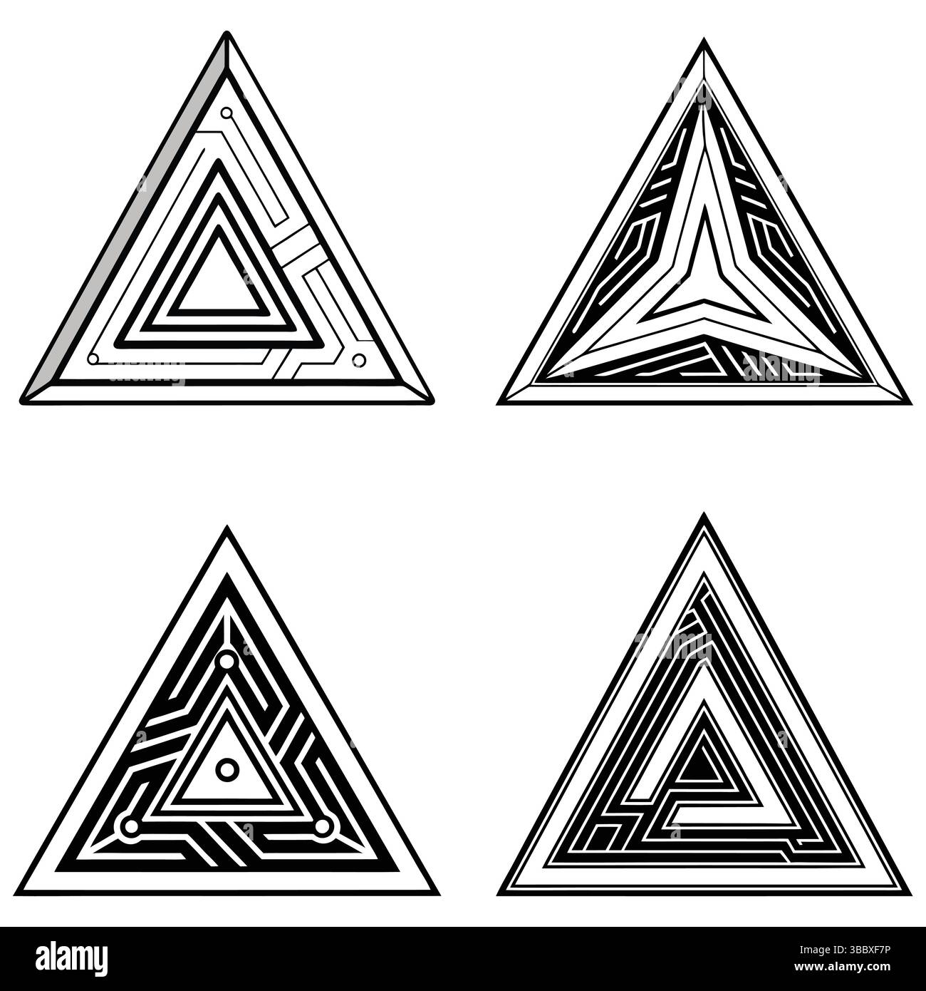 Vektorsatz aus vier abstrakten geometrischen Dreiecksymbolen. Schwarz-weiß-Sammlung von futuristischen Technologie-, Labyrinth- oder heiligen Geometriesymbolen. Isoliert Stock Vektor