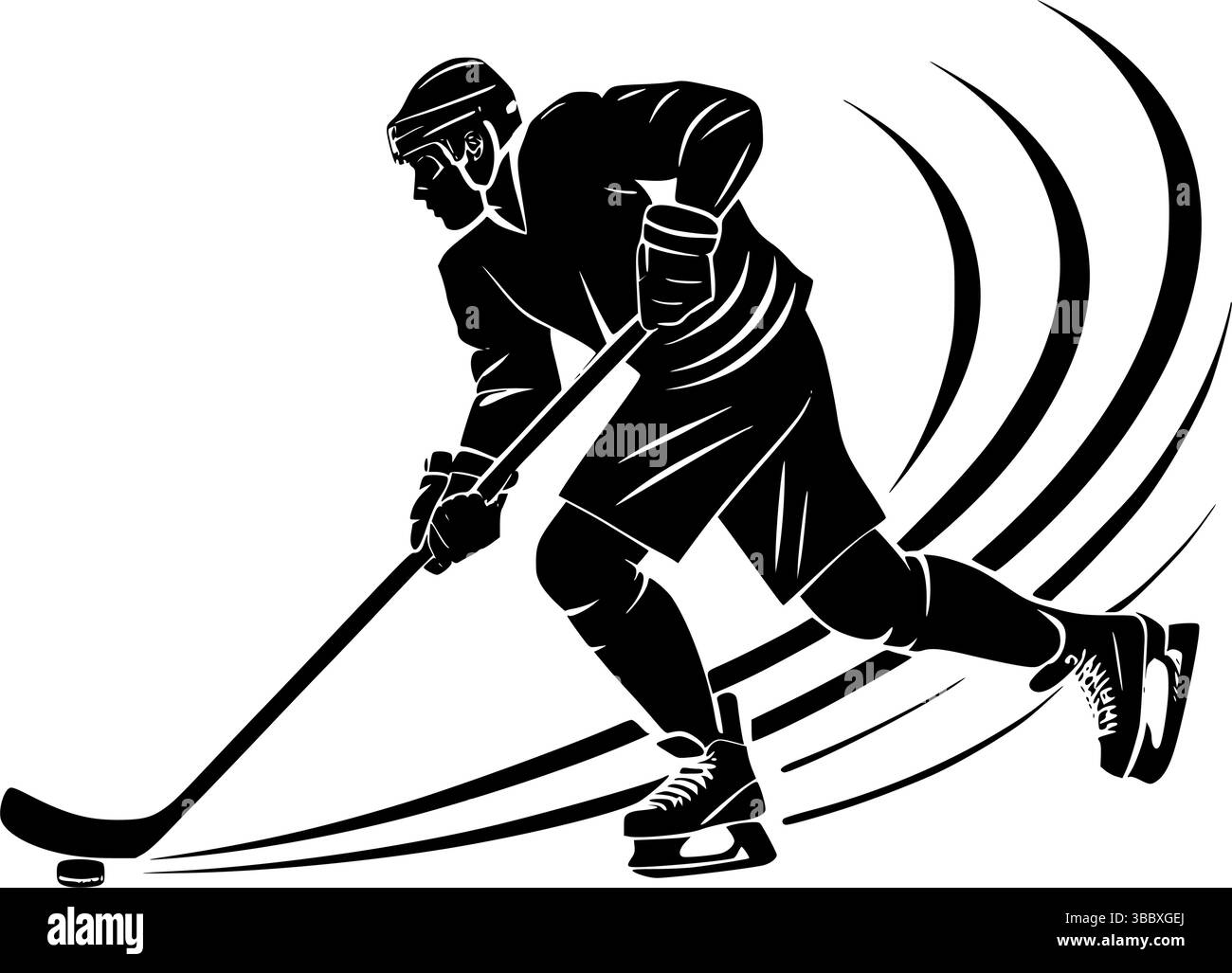 Dynamische Eishockeyspieler-Silhouette in Bewegung – Schwarz-weiß-Vektor-Illustration Stock Vektor