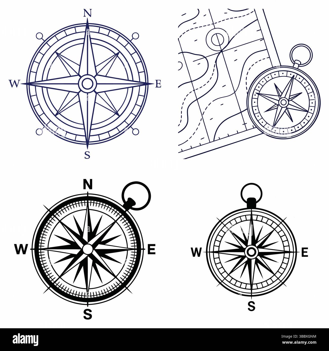 Verschiedene Kompassrosen und Kartenelemente in Vektorgrafiken für Navigationskonzepte Stock Vektor