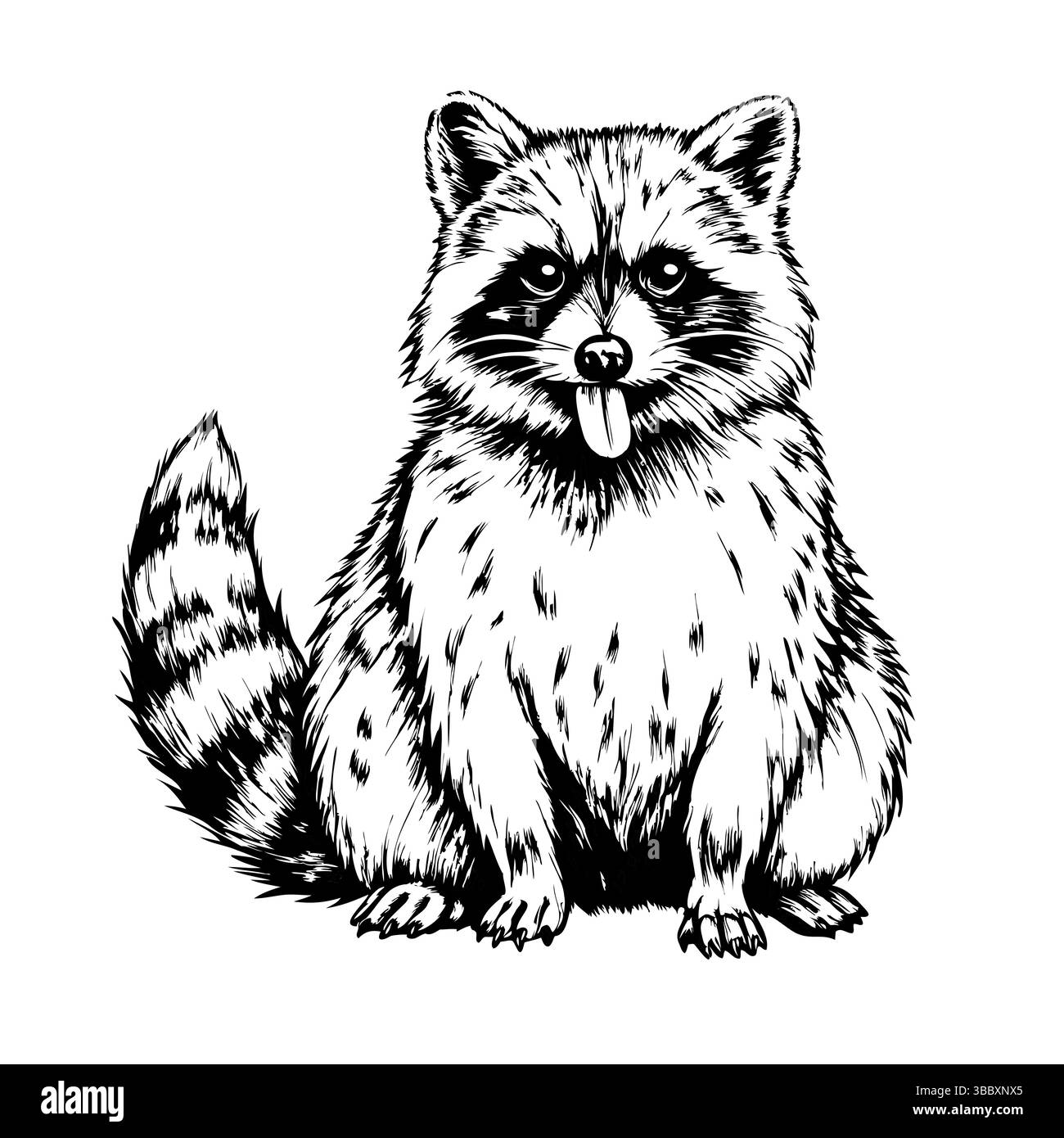 Sitzender Waschbär mit ausgezogener Zunge im verspielten Vintage-Stil Stock Vektor