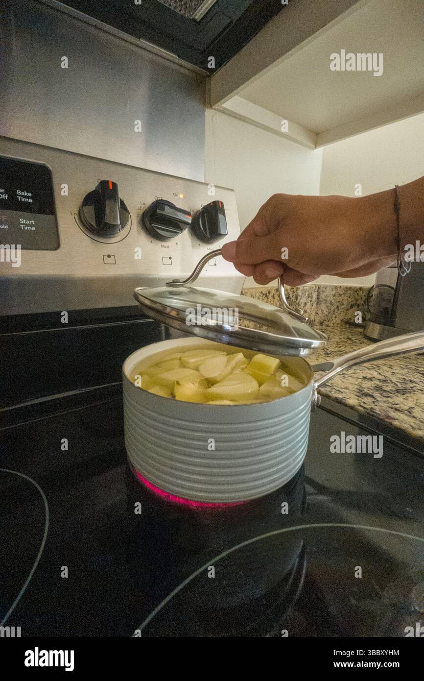 Eine Person kocht Essen in einem Topf auf einem Herd. Der Topf ist mit einem Deckel bedeckt Stockfoto