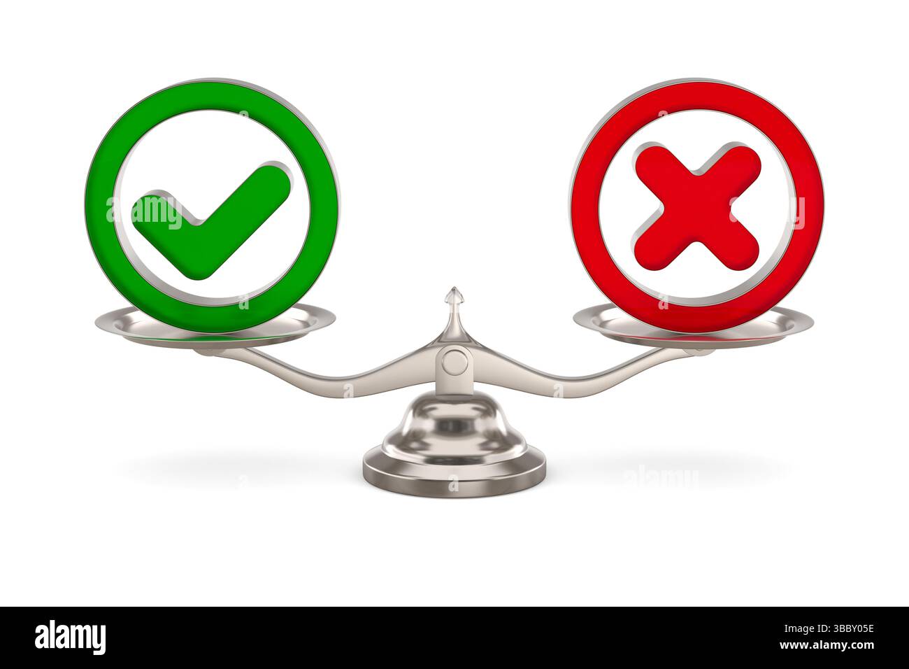 Ablehnungszeichen und Häkchen auf der Skala. Weißer Hintergrund. Isolierte 3D-Darstellung Stockfoto