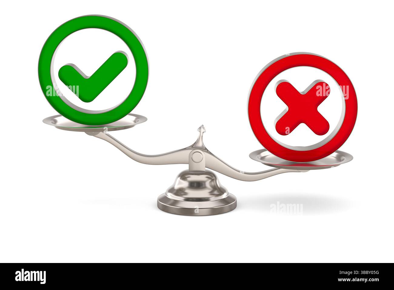 Ablehnungszeichen und Häkchen auf der Skala. Weißer Hintergrund. Isolierte 3D-Darstellung Stockfoto