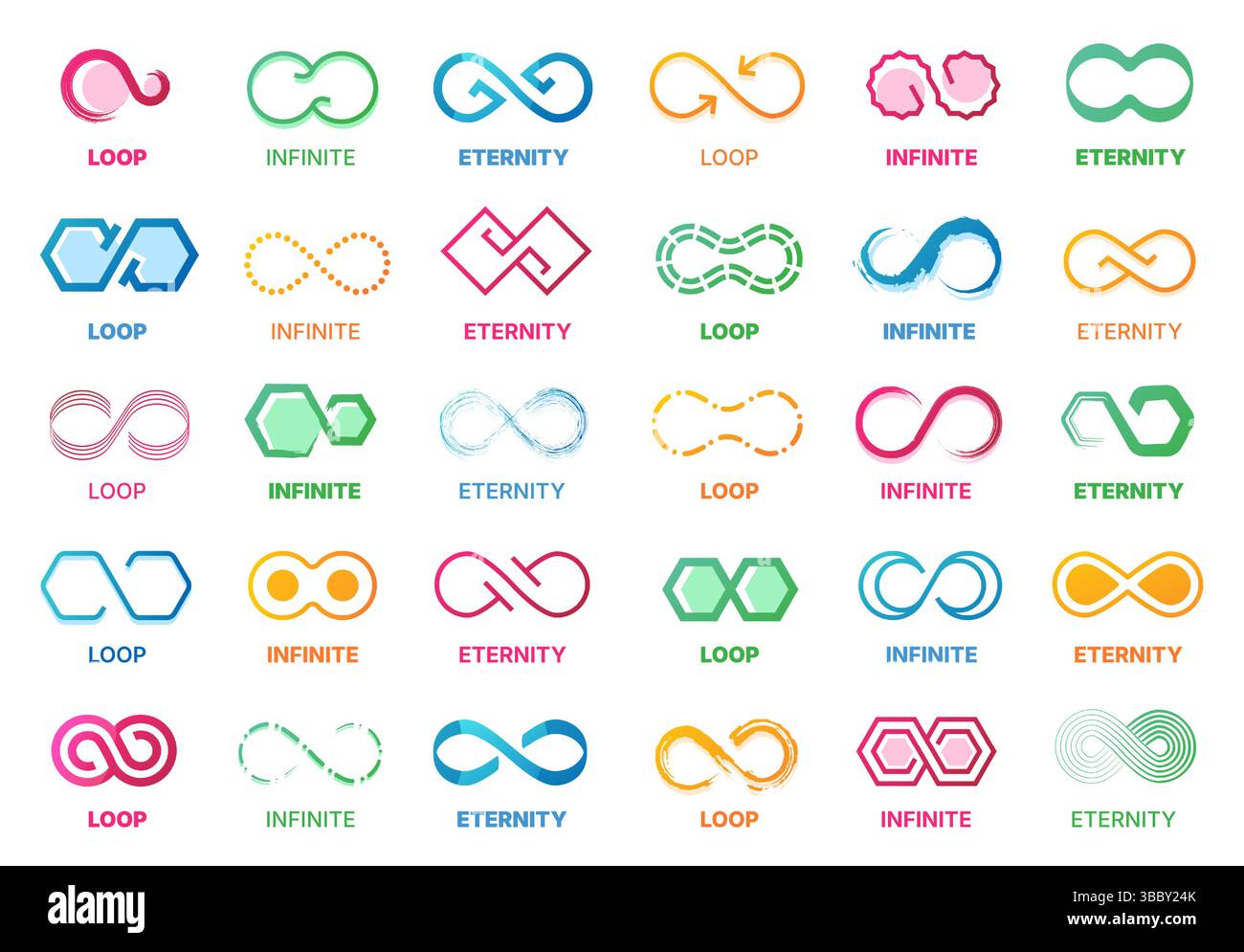 Infinity-Logo. Endlose Mobius-Schleifenbänder für grenzenloses Konzeptdesign, abstrakte geometrische Ewigkeitszeichen und moderne Schleifen-Bewegungskreissymbole Stock Vektor