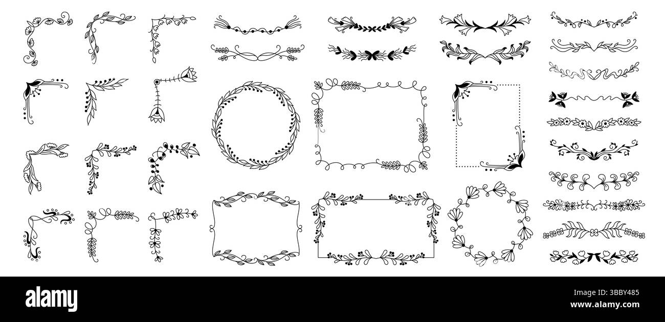 Blumenrand mit Doodle-Muster. Dekorative Blumenkarren, Blumen- und Blattecken, Hochzeitseinladungskarte dekorative Trennwände, niedlicher Blumenkreis Stock Vektor