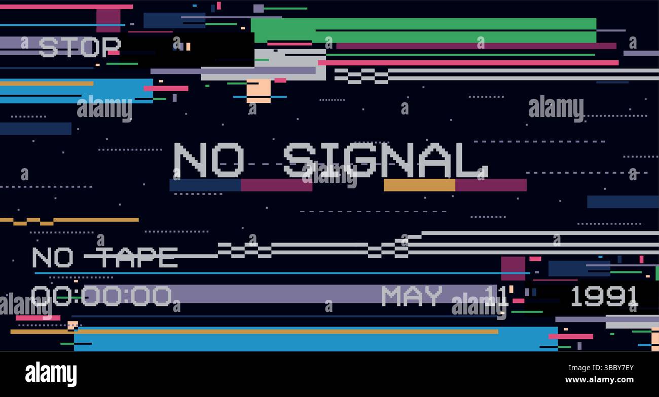Störsignalhintergrund. Retro-VHS-Band mit TV-Bildschirmverzerrung, digitalen Videofehlern und statischem Rauschen, 90er Jahre Vintage-TV-Pixel Stock Vektor