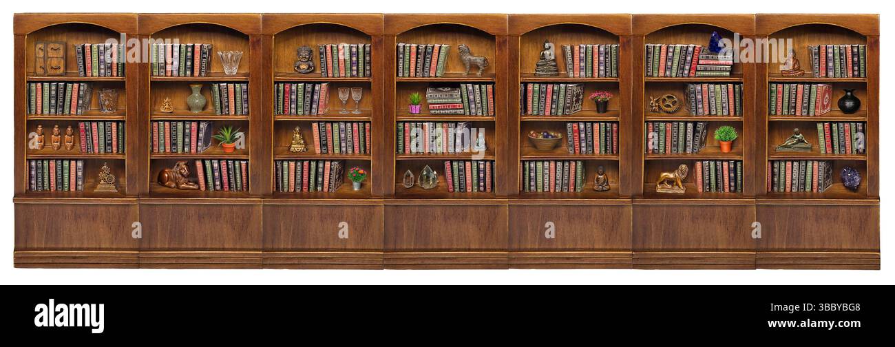 Hölzerne Bücherschrank mit abgerundeter Oberseite, voll mit einer Vielzahl von Büchern mit vielen Dekorationen Stockfoto