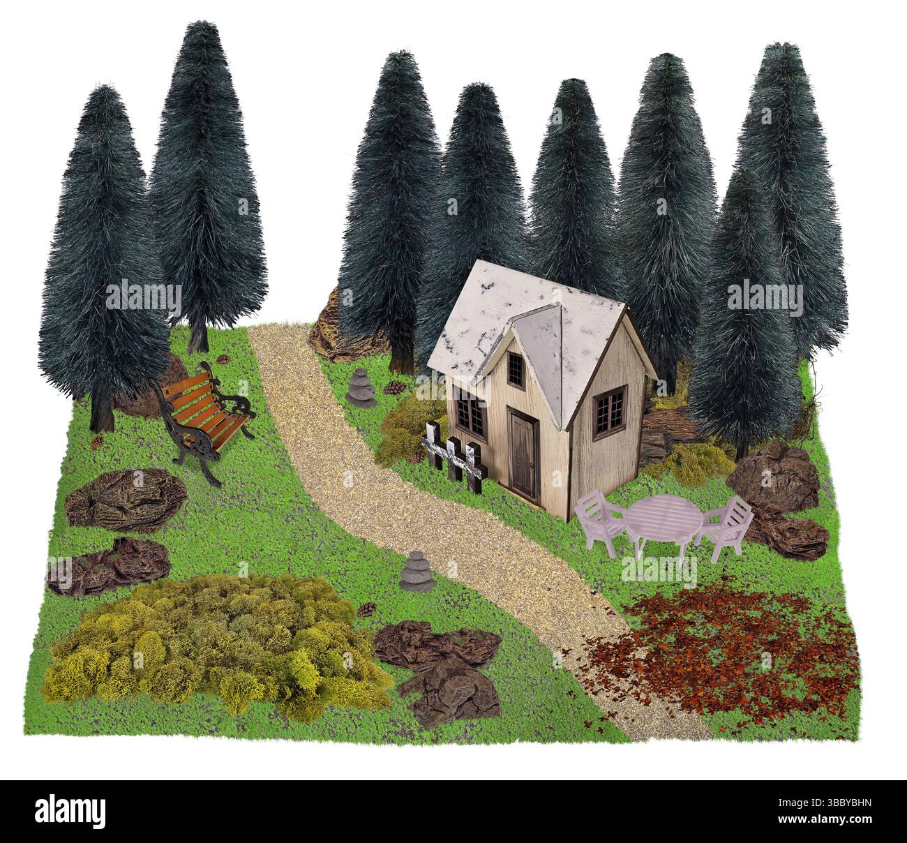 Rustikale Hütte zwischen vielen Tall Green Bäumen entlang eines Waldweges Stockfoto