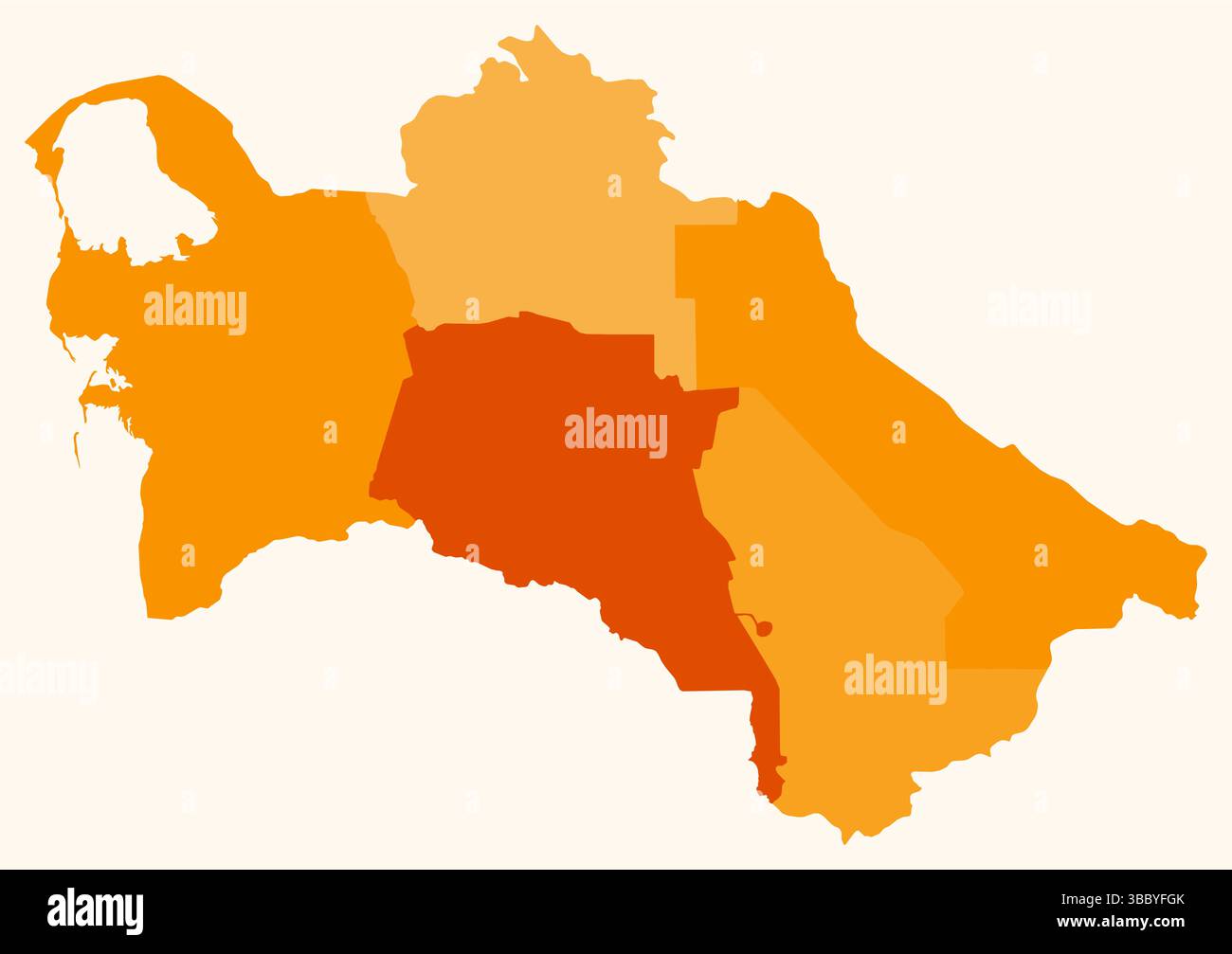 Karte von Turkmenistan mit Regionen. Nur eine einfache Ländergrenzkarte mit regionaler Aufteilung. Orangefarbene Farbpalette. Stock Vektor