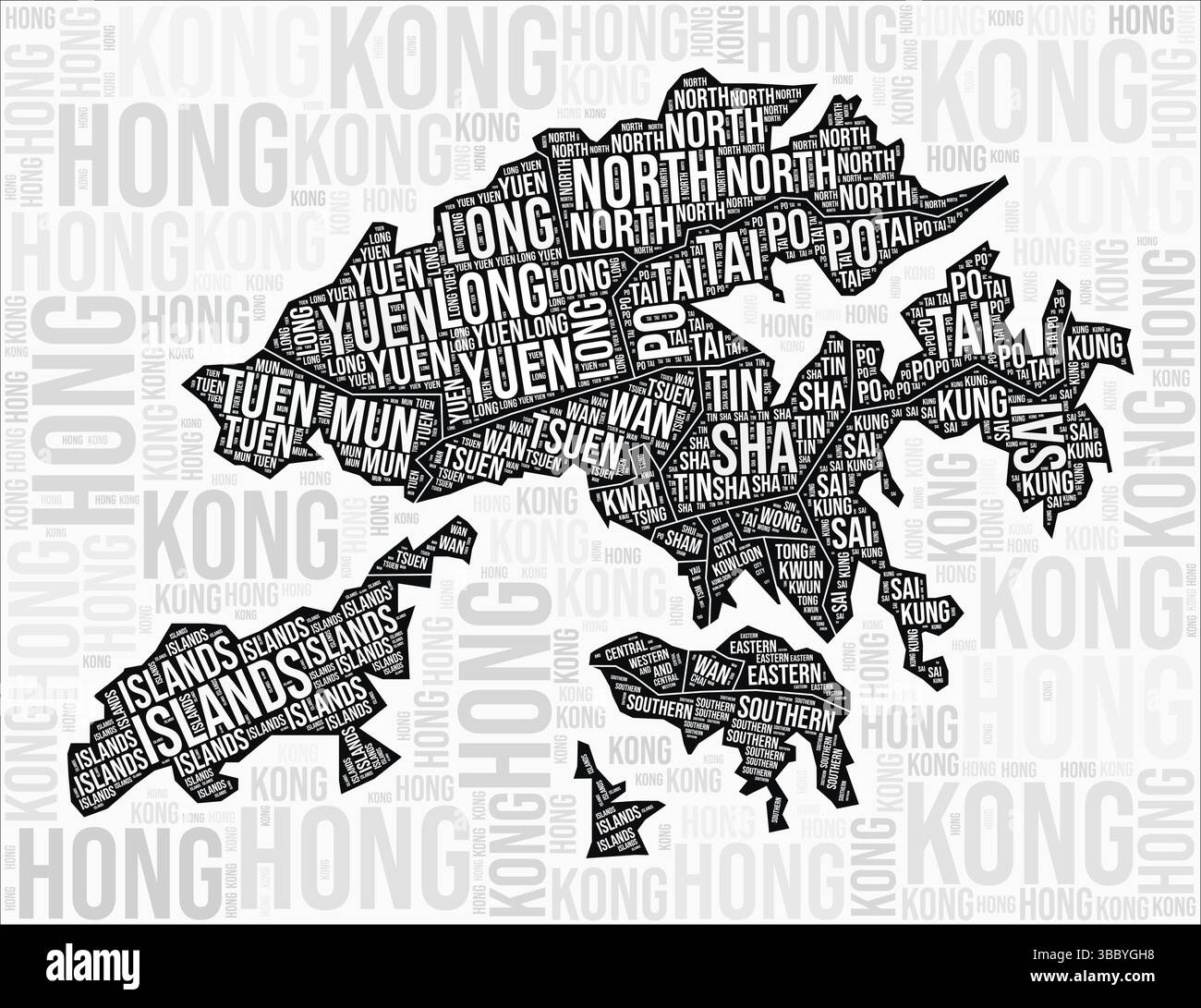 Hong Kong Regionen Karte Wortwolke. Namen der Region Hongkong. Schwarz-weiß-Kartendesign. Moderne Vektorillustration. Stock Vektor