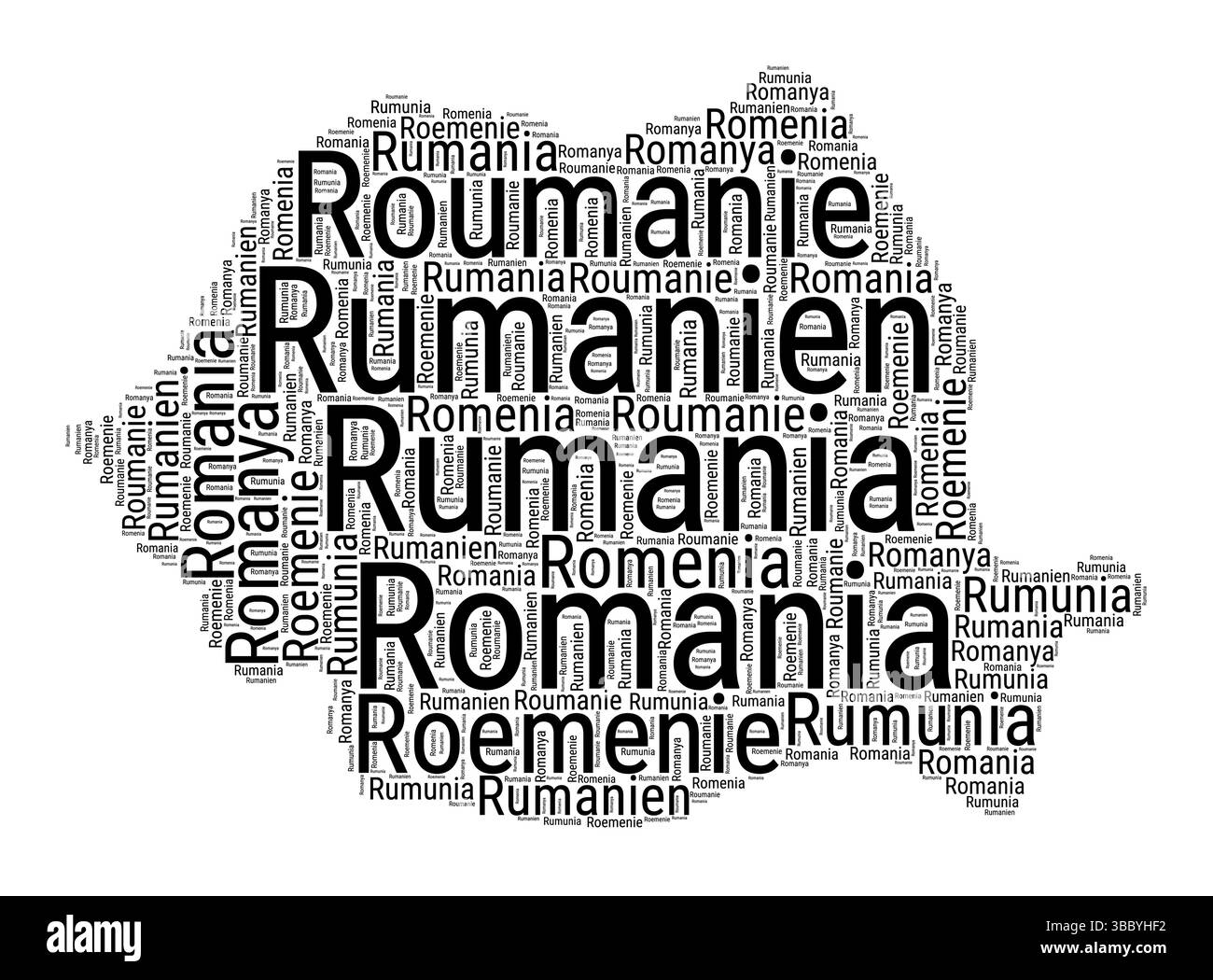 Schwarz-weiß-Wortwolke in rumänischer Form. Einfache typografische Darstellung des Landes. Schwarze Textwolke aus Rumänien auf weißem Hintergrund. Stock Vektor