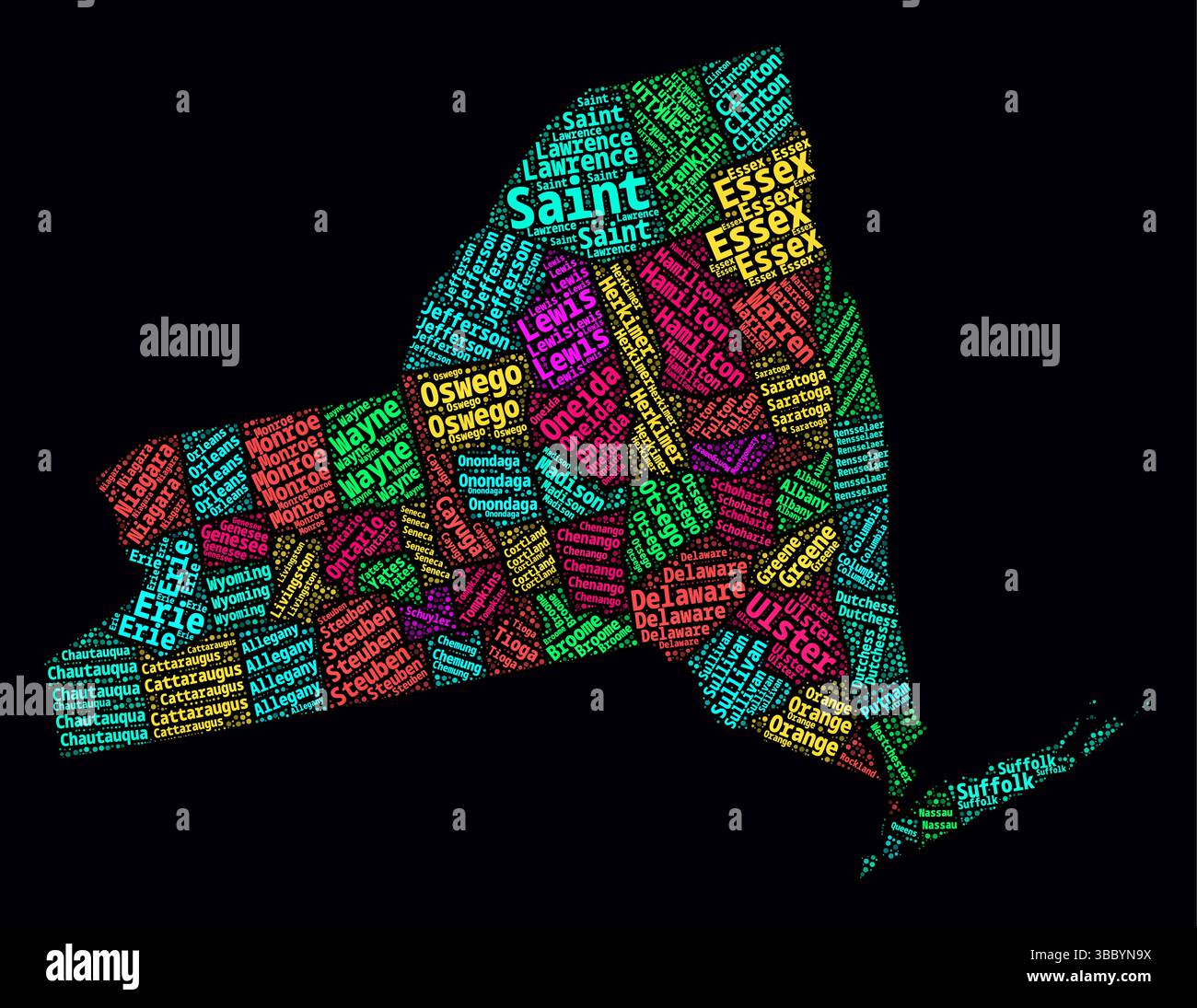 New York Word Cloud. Helles Neondesign auf dunklem Hintergrund. Textwolke für Bereichsnamen. Begrenzungsform mit administrativer Unterteilung. Stock Vektor