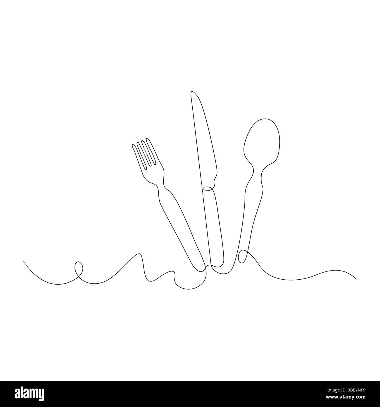 Durchgehende Zeichnung Mit Einer Linie. Illustration Löffel, Gabeln, Messer, Essgeräte Stock Vektor