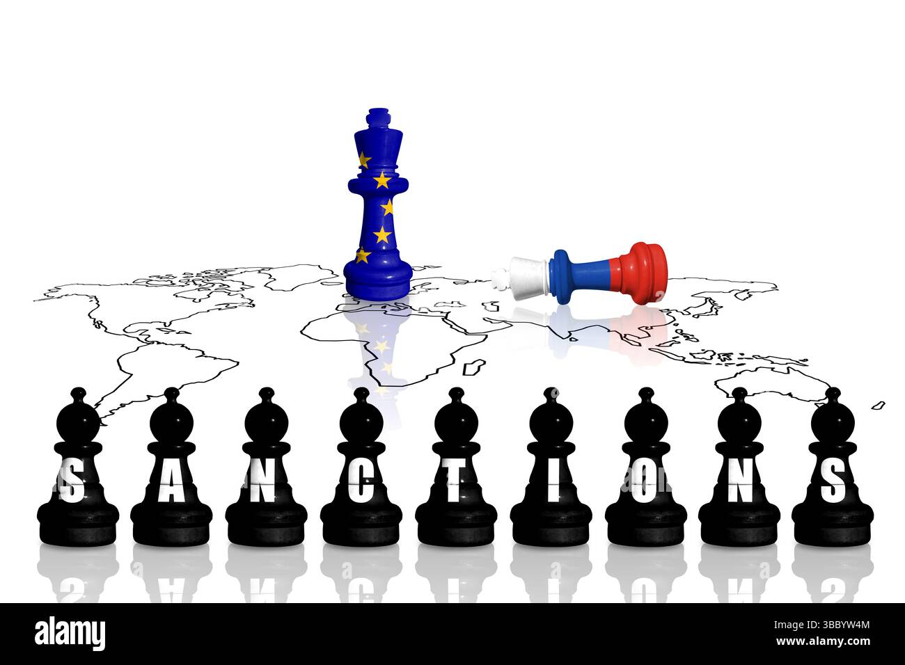 Sanktionen und Embargo der Europäischen Union für russischen Krieg und Aggression in der Ukraine. Schach aus Fahnen der EU und Russlands. Stockfoto