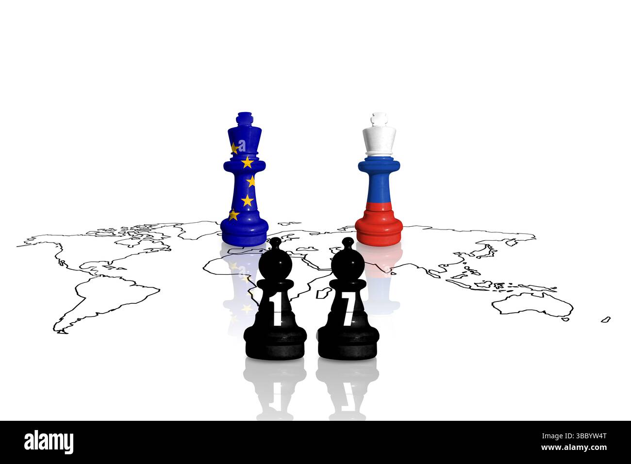 Sanktionen und Embargo der Europäischen Union für russischen Krieg und Aggression in der Ukraine. Schach aus Fahnen der EU und Russlands. Stockfoto