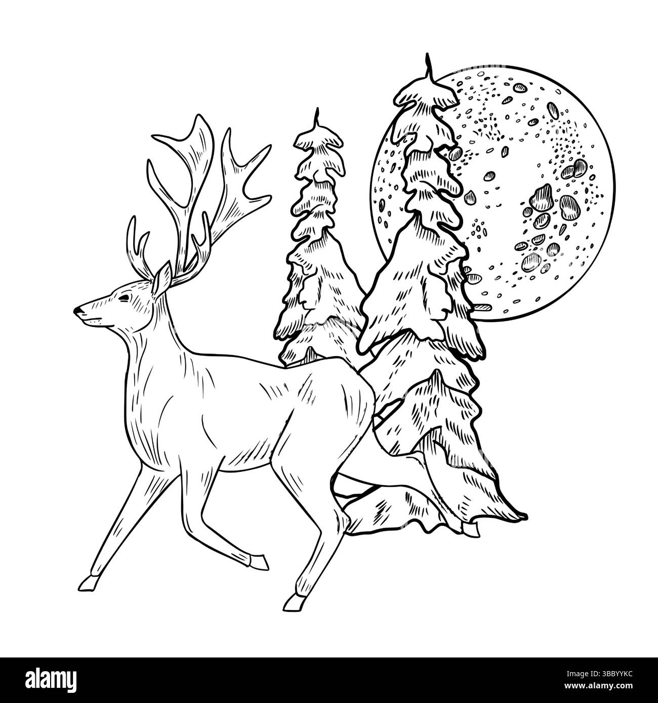 Hirsch unter Mondlicht im schneebedeckten Kiefernwald handgezeichnet schwarz-weiße Kontur Vektor-Illustration. Winterszene für Weihnachtskompositionen im Wald Stock Vektor