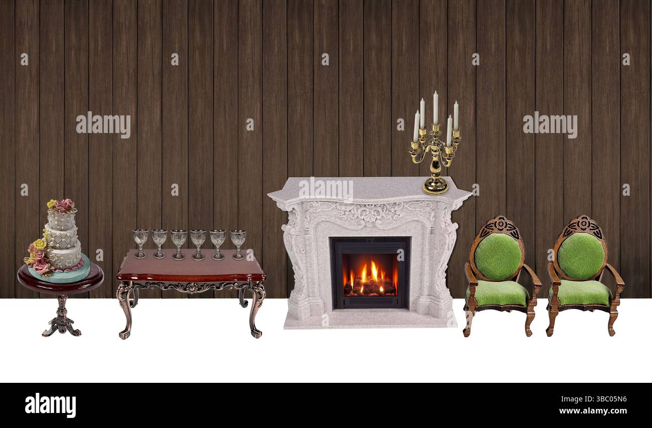 Hochzeitsempfang mit Hochzeitstorte, Kamin und Kelchen für Getränke Stockfoto