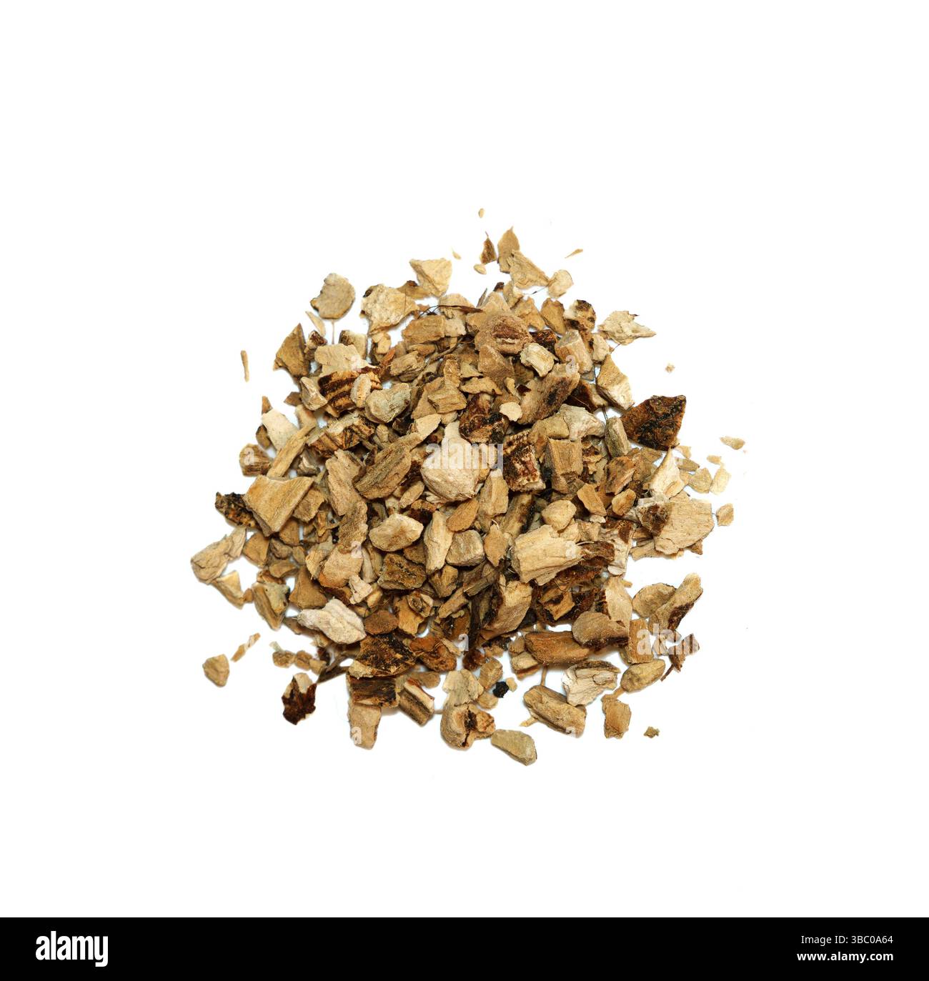 Ein Haufen unregelmäßig geformter, hellbrauner und dunkelbrauner Stücke getrockneten Pflanzenmaterials, möglicherweise eine Wurzel oder Rinde, wird auf einem weißen Hintergras verstreut Stockfoto