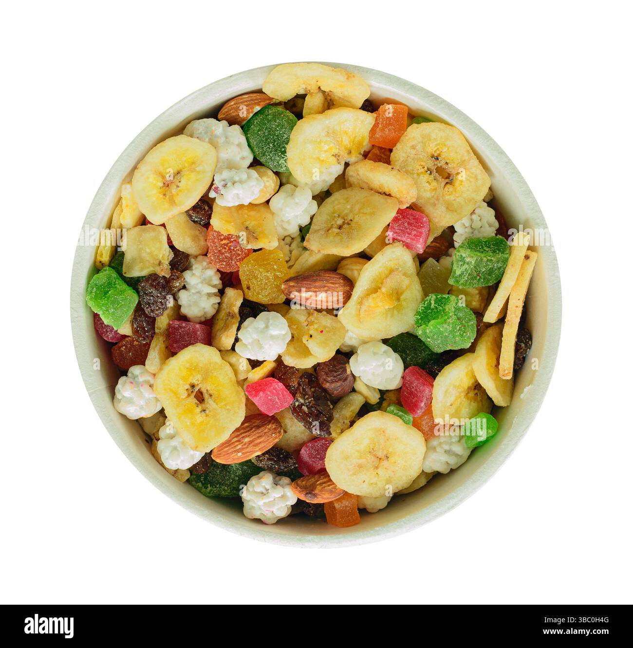 Süße Mischung mit getrockneten Früchten und Nüssen in der Schüssel, oben Stockfoto